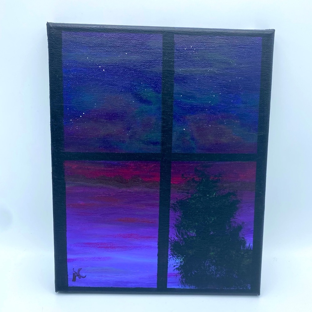 Signed Original Window Night Scene Abstract Acrylic Painting